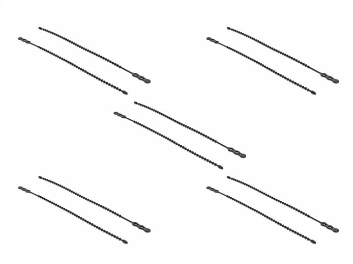 Fünf schwarze Kabelbinder diagonal auf weißem Hintergrund angeordnet.