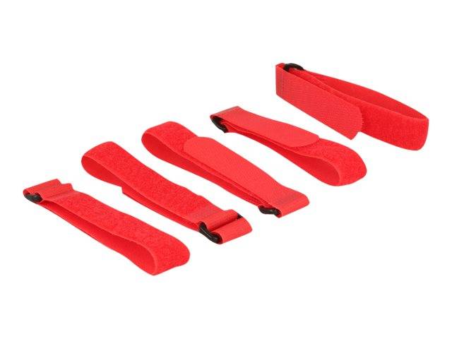 Vier rote Klettband-Kabelbinder diagonal auf weißem Hintergrund angeordnet.