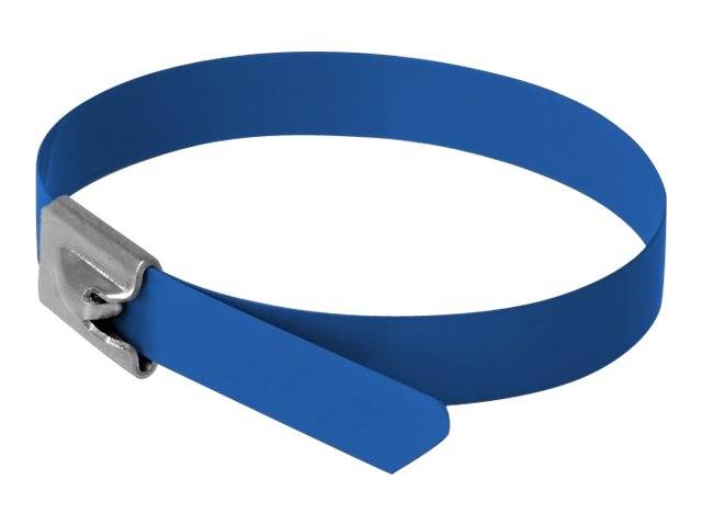 Blau-schwarzes Kunststoffkabelband mit silbernem Metallverriegelungsverschluss, dargestellt als Schleife vor weißem Hintergrund.