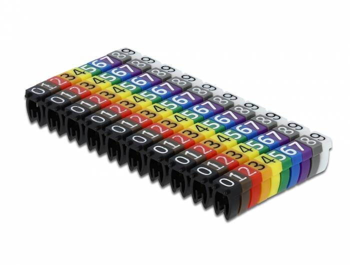 Ein Stapel nummerierter Kunststoff-Kabelmarker in Regenbogenfarben, auf weißem Hintergrund in Reihen angeordnet.