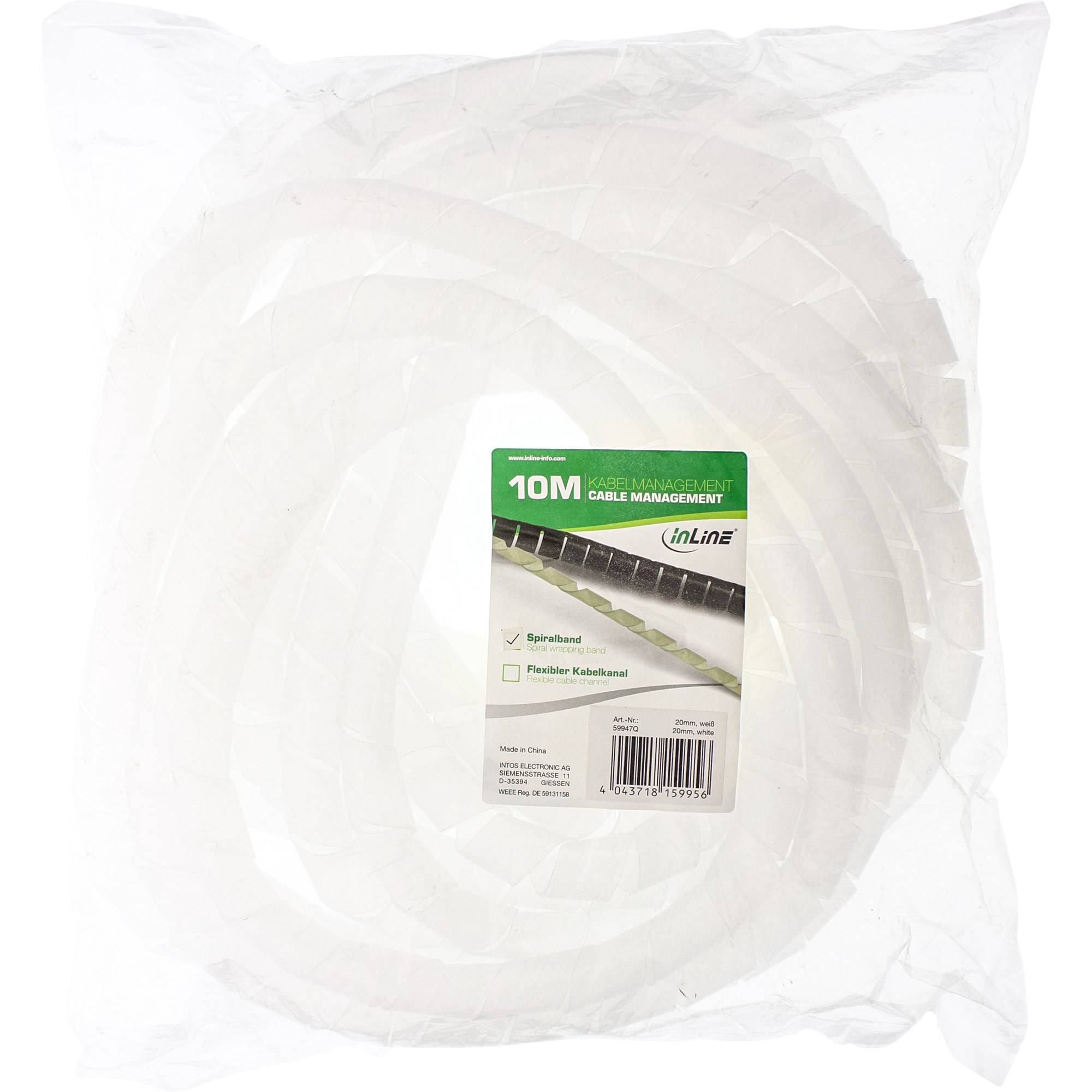 Aufgerollte weiße Kabelorganisationshülle in durchsichtiger Verpackung, beschriftet mit "10M Cable Management"" und InLine-Branding.