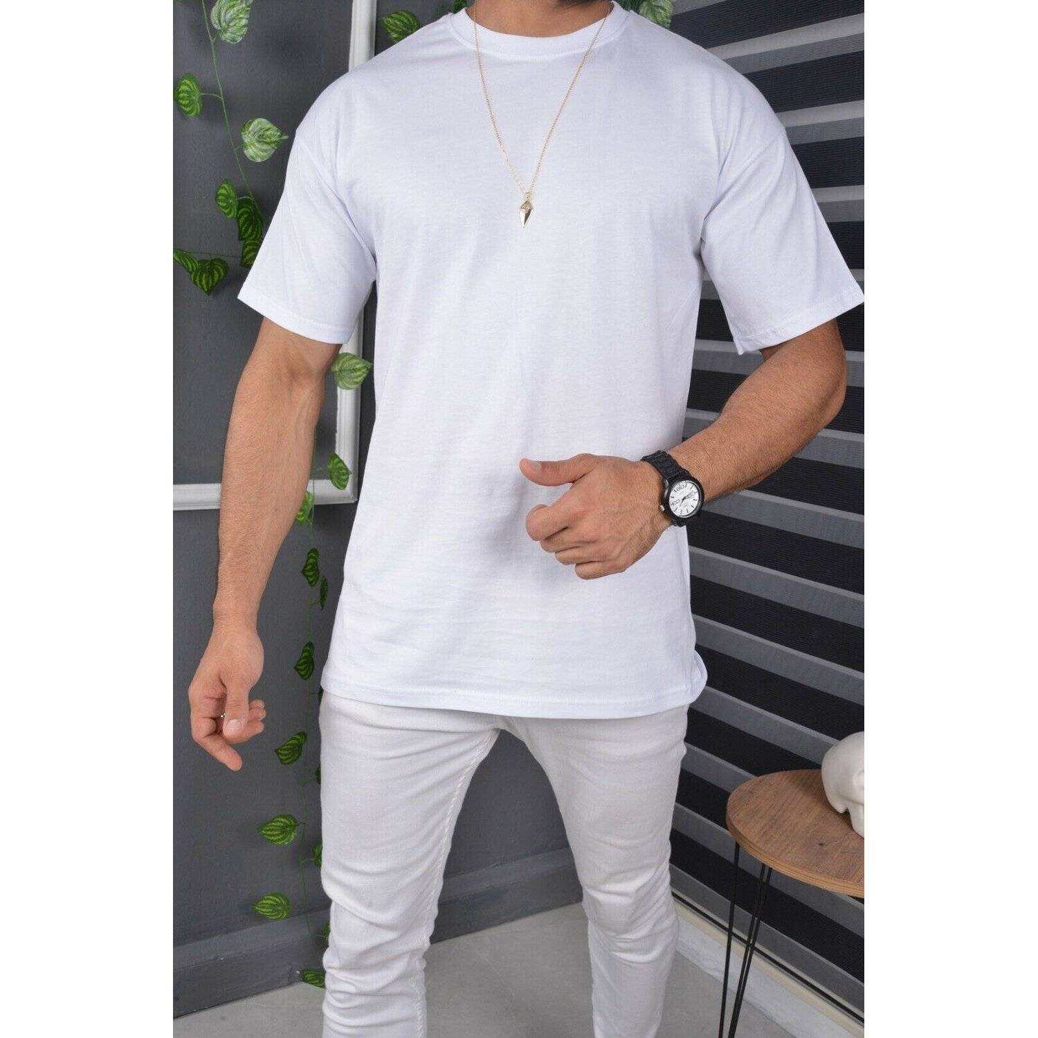 Megaman Jeans T-Shirt Oversize Sommer T-Shirt Tee Long-Tee Basic Shirt Kurzarmshirt Unifarben M Weiß