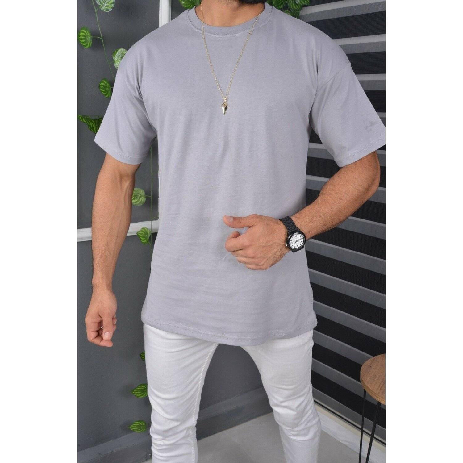 Megaman Jeans T-Shirt Oversize Sommer T-Shirt Tee Long-Tee Basic Shirt Kurzarmshirt Unifarben M Grau
