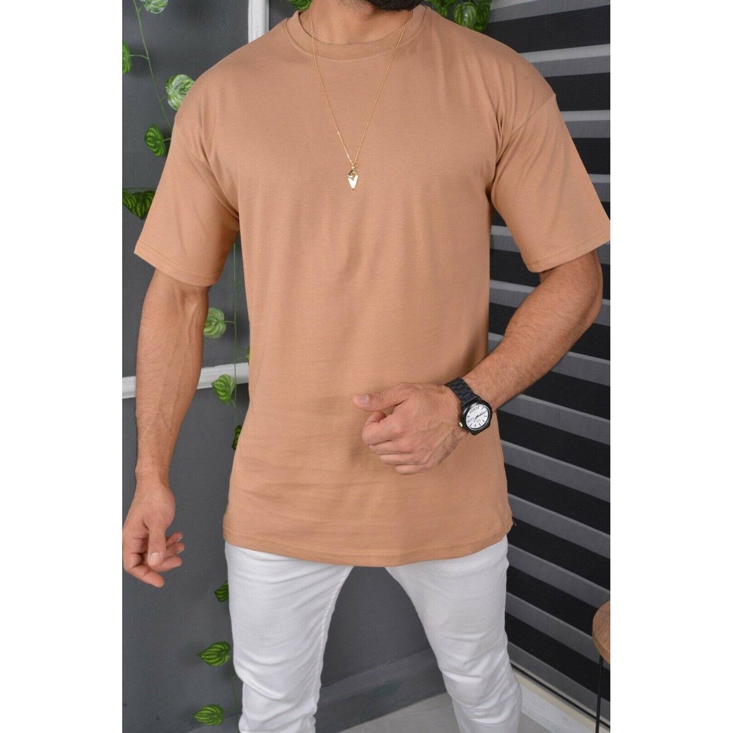 Megaman Jeans T-Shirt Oversize Sommer T-Shirt Tee Long-Tee Basic Shirt Kurzarmshirt Unifarben M Braun