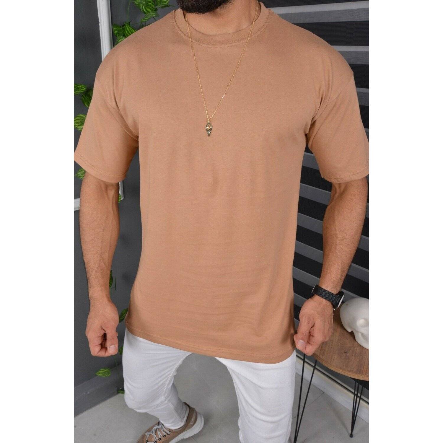 Megaman Jeans T-Shirt Oversize Sommer T-Shirt Tee Long-Tee Basic Shirt Kurzarmshirt Unifarben M Braun