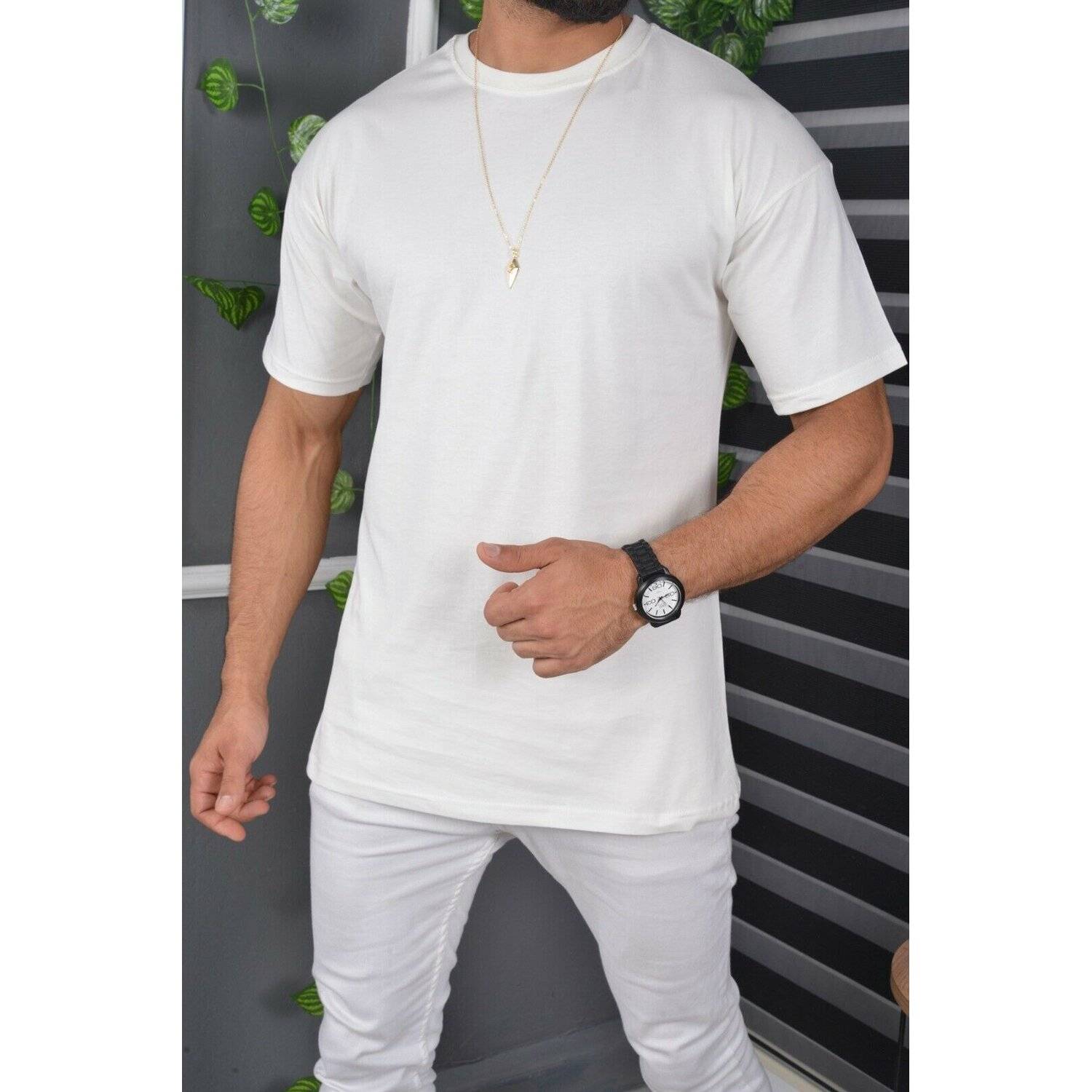 Megaman Jeans T-Shirt Oversize Sommer T-Shirt Tee Long-Tee Basic Shirt Kurzarmshirt Unifarben M Cremeweiß