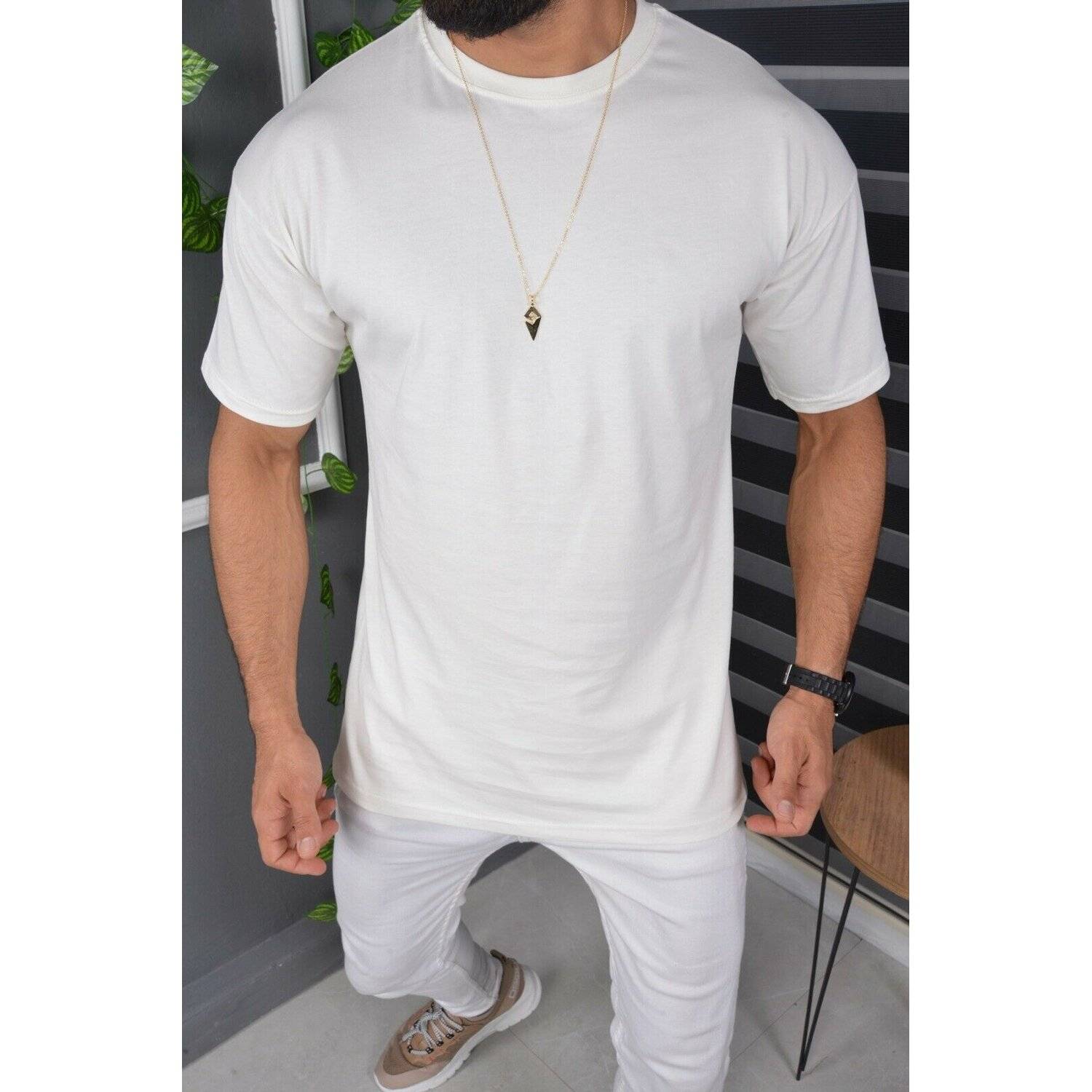 Megaman Jeans T-Shirt Oversize Sommer T-Shirt Tee Long-Tee Basic Shirt Kurzarmshirt Unifarben M Cremeweiß