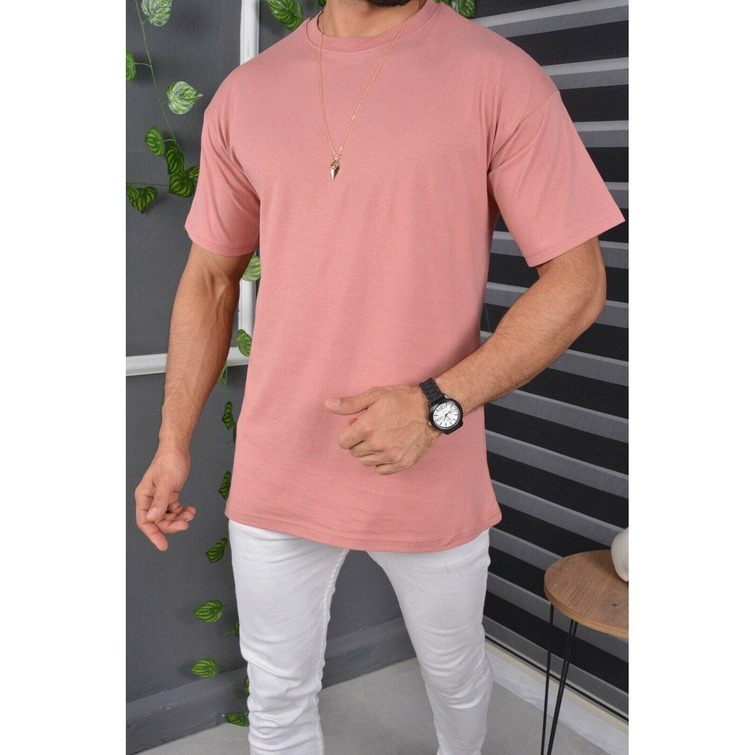 Megaman Jeans T-Shirt Oversize Sommer T-Shirt Tee Long-Tee Basic Shirt Kurzarmshirt Unifarben M Rose