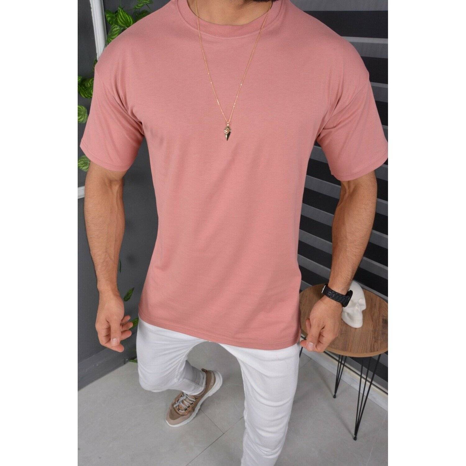 Megaman Jeans T-Shirt Oversize Sommer T-Shirt Tee Long-Tee Basic Shirt Kurzarmshirt Unifarben M Rose