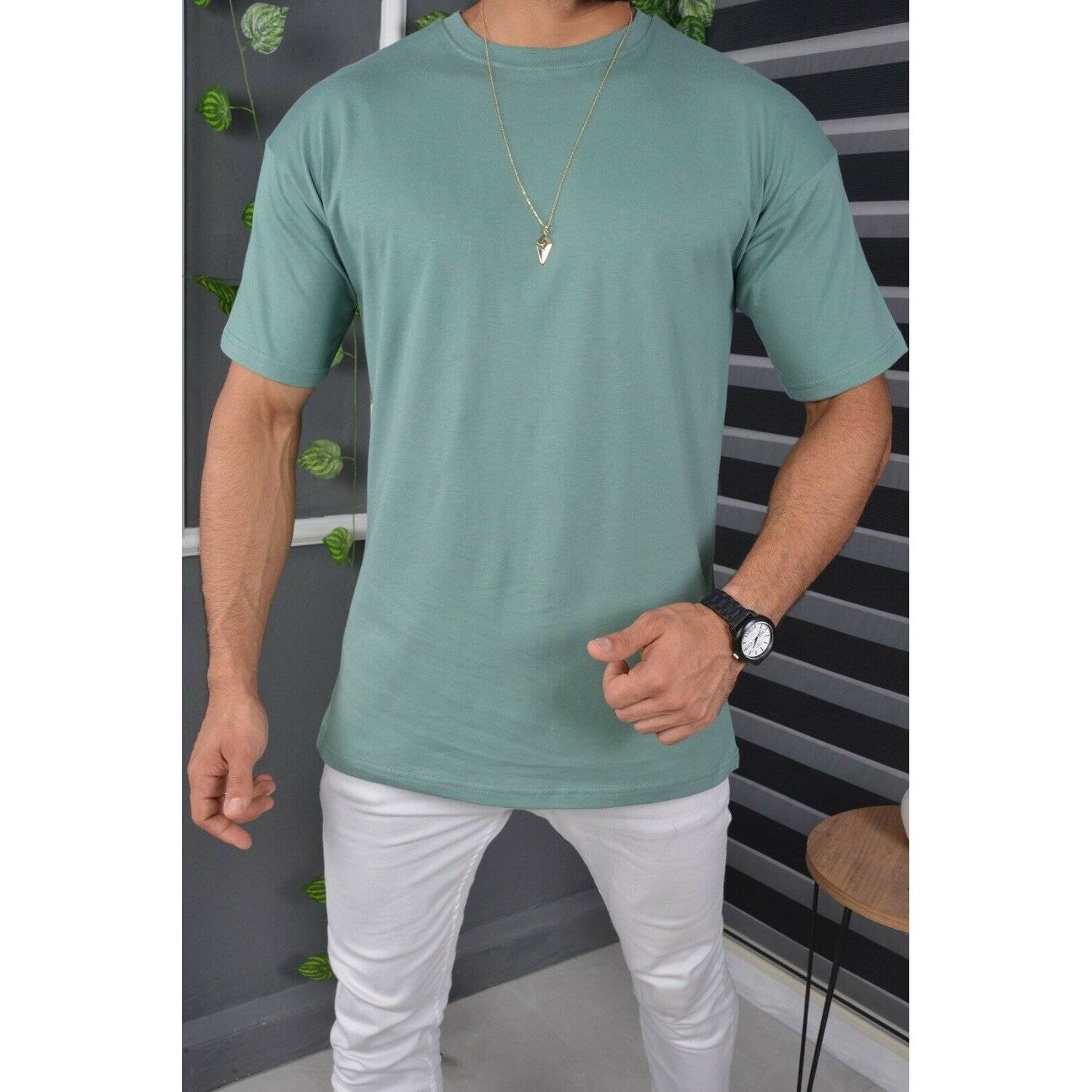 Megaman Jeans T-Shirt Oversize Sommer T-Shirt Tee Long-Tee Basic Shirt Kurzarmshirt Unifarben L Mintgrün