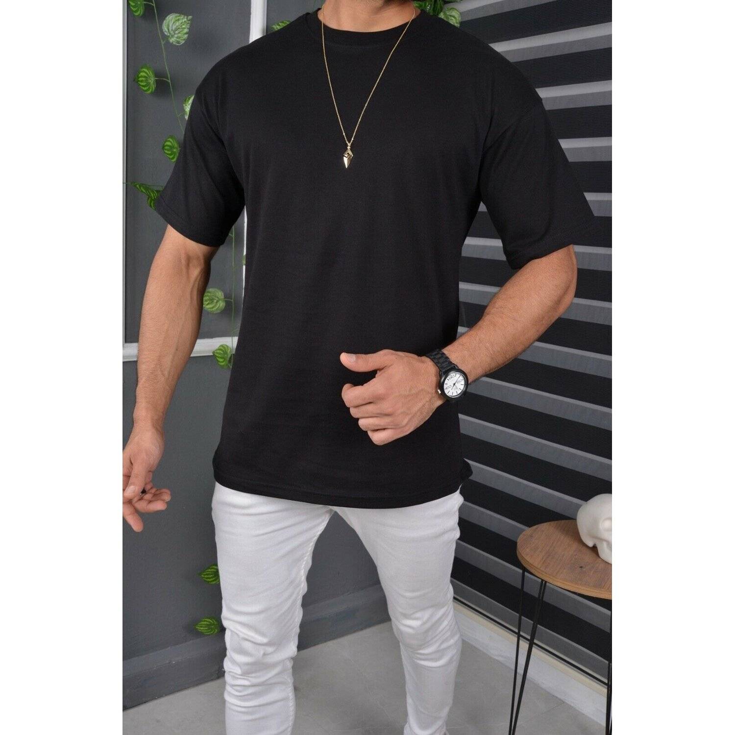 Megaman Jeans T-Shirt Oversize Sommer T-Shirt Tee Long-Tee Basic Shirt Kurzarmshirt Unifarben XL Schwarz