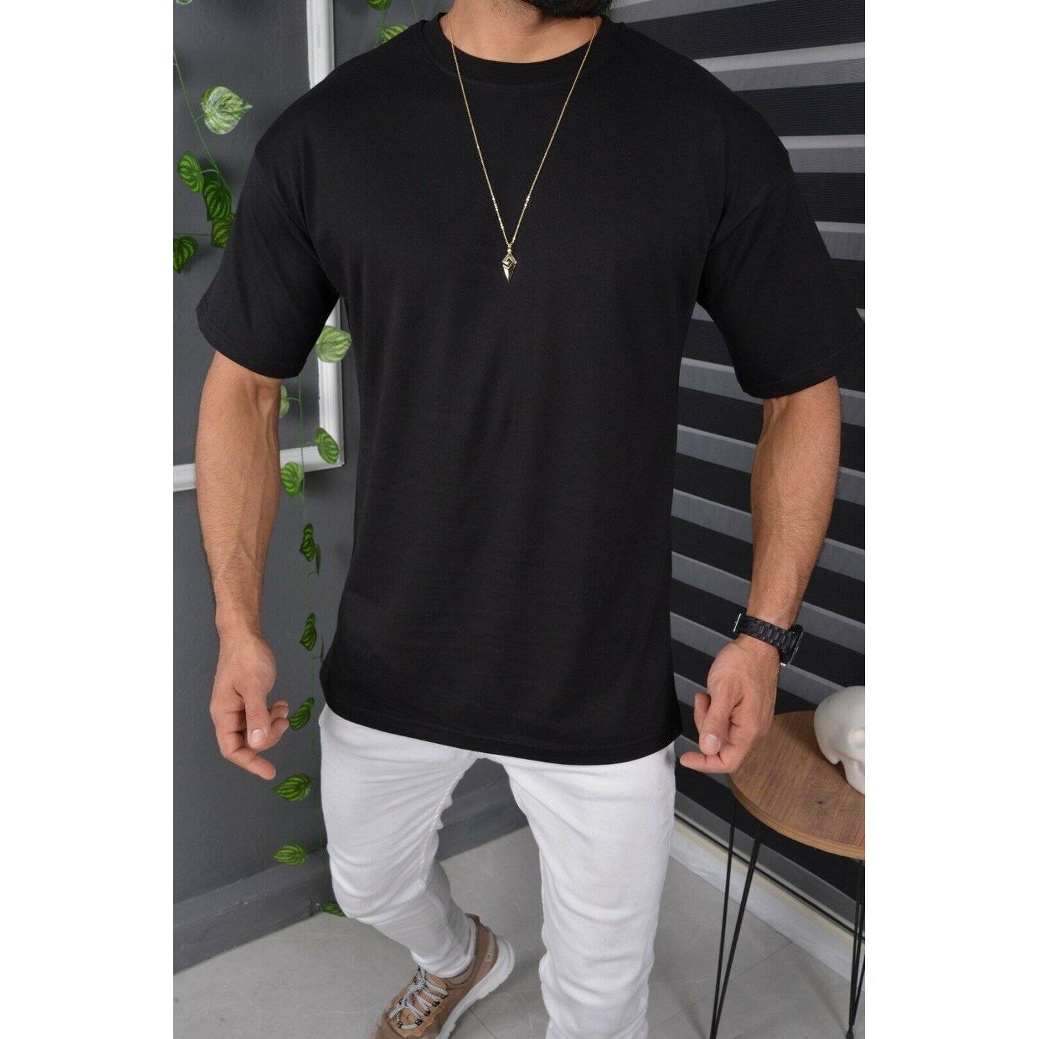 Megaman Jeans T-Shirt Oversize Sommer T-Shirt Tee Long-Tee Basic Shirt Kurzarmshirt Unifarben XL Schwarz