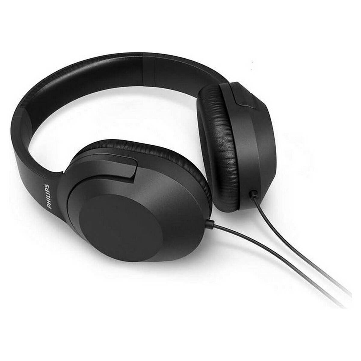 Schwarze Over-Ear-Kopfhörer mit Kabel, gepolsterten Ohrmuscheln und verstellbarem Kopfbügel, auf weißem Hintergrund gezeigt.