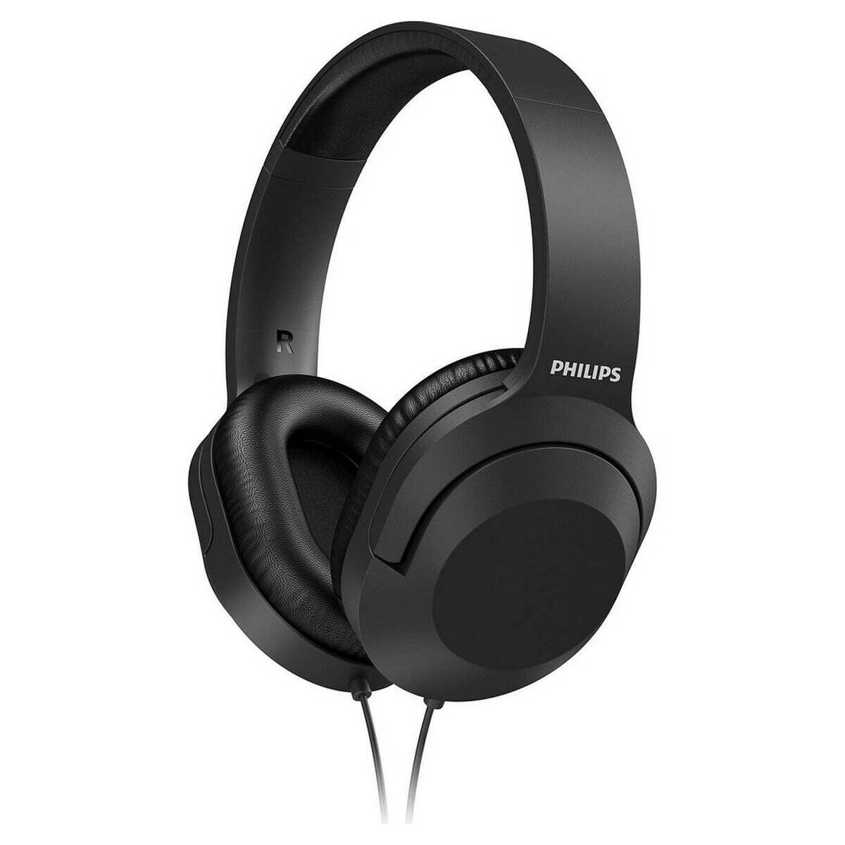 Schwarze Philips Over-Ear-Kopfhörer mit Kabel, gepolsterten Ohrmuscheln und verstellbarem Kopfbügel auf weißem Hintergrund
