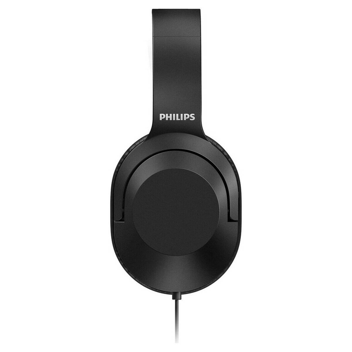 Schwarze Philips Over-Ear-Kopfhörer mit Kabel in Einzelkabelausführung, Vorderansicht auf weißem Hintergrund.