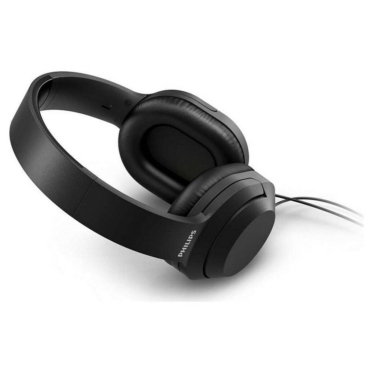 Schwarze Philips Over-Ear-Kopfhörer mit Kabel auf weißem Hintergrund, in einem produktstil-ähnlichen Bild dargestellt.
