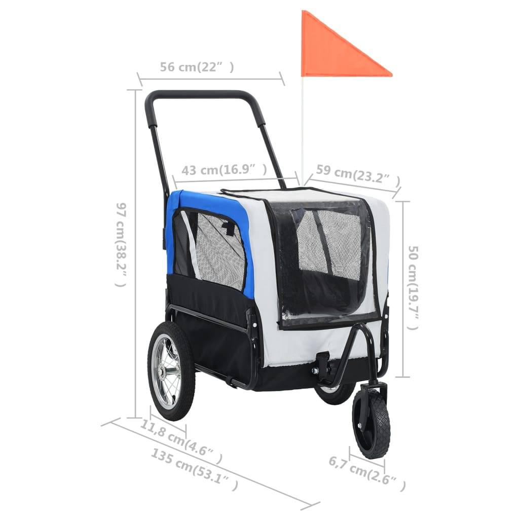 vidaXL 2-in-1 Fahrradanhänger für Hunde und Buggy Grau and Blau