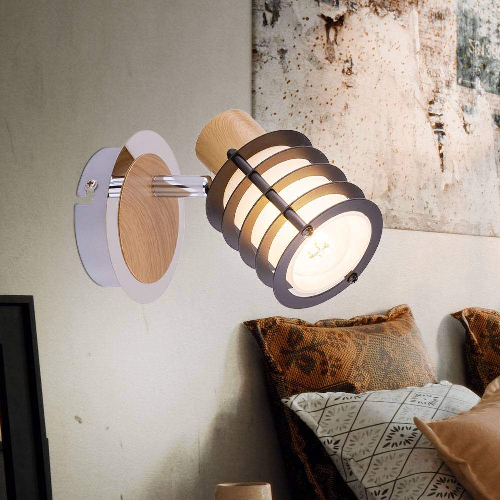Wandleuchte Wandlampe Wandspot Holzleuchte Spotlampe Wandstrahler, Spot beweglich, Landhaus Metall Holz Glas satiniert, E14 Fassung, LxBxH