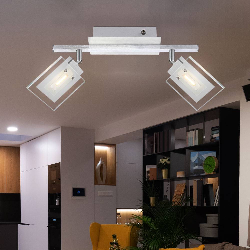 LED Wandleuchte Deckenlampe Wohnzimmerleuchte verstellbar Esszimmer Deckenleuchte, Aluminium Chrom mit Glassstrahlern, 2x 5W 380lm warmweiß, LxBxH