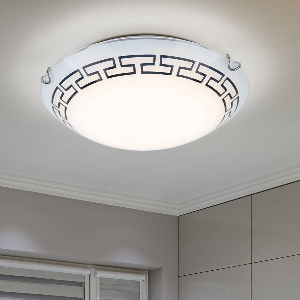 Deckenleuchte Glas satiniert Deckenlampe gemustert Flurleuchte rund, Metall, 1x LED 12W 967Lm warmweiß, DxH 30x9 cm