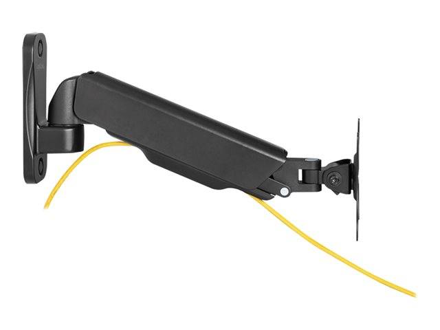 Schwarzer verstellbarer an der Wand montierter Kabelführungsarm, der ein gelbes Kabel hält, in ausgefahrenem Zustand auf weißem Hintergrund dargestellt.
