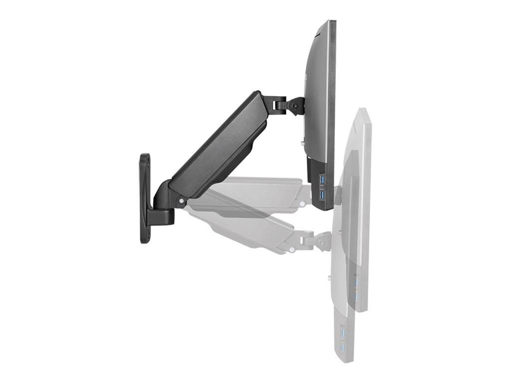 Verstellbarer wandmontierter Monitorarm mit Bildschirm in Seitenansicht, mehrere erweiterte Positionen für Neigung und Reichweite zeigend.