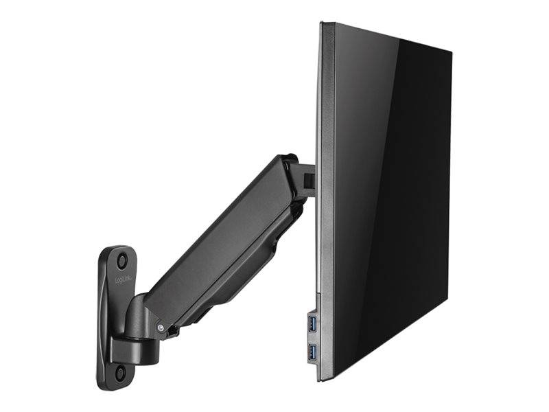 Wandmontierter Monitorarm mit flachem Display, in Seitenansicht auf weißem Hintergrund dargestellt.