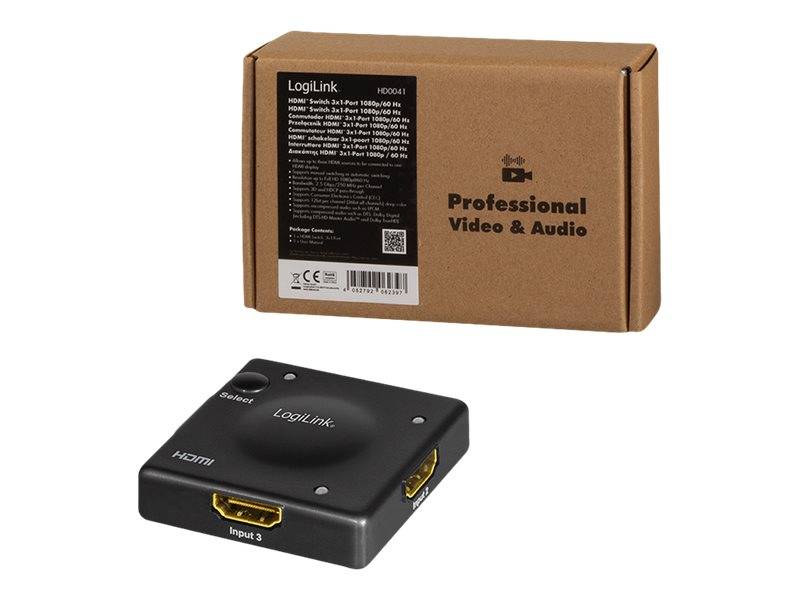 LogiLink HDMI-Schalter und seine Einzelhandelsverpackung mit der Aufschrift „Professional Video & Audio
