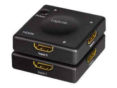 Schwarze LogiLink HDMI-Umschalterbox mit drei Eingangsanschlüssen und einer "Select""-Taste auf der Oberseite.