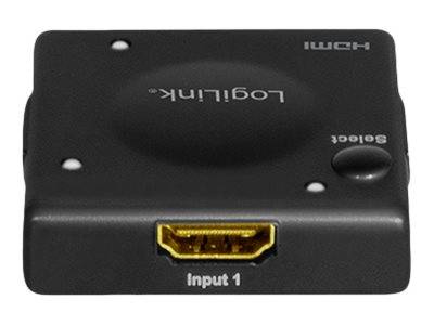 Schwarze Logitech HDMI-Eingabeschaltbox mit der Beschriftung „Input 1", gelber HDMI-Anschluss und einer „Select""-Taste.