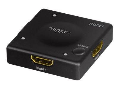 Schwarze Logitech HDMI-Umschalterbox mit einem vorderen "Input 1""-Anschluss und einer seitlichen ""Select""-Taste, dargestellt auf weißem Hintergrund.