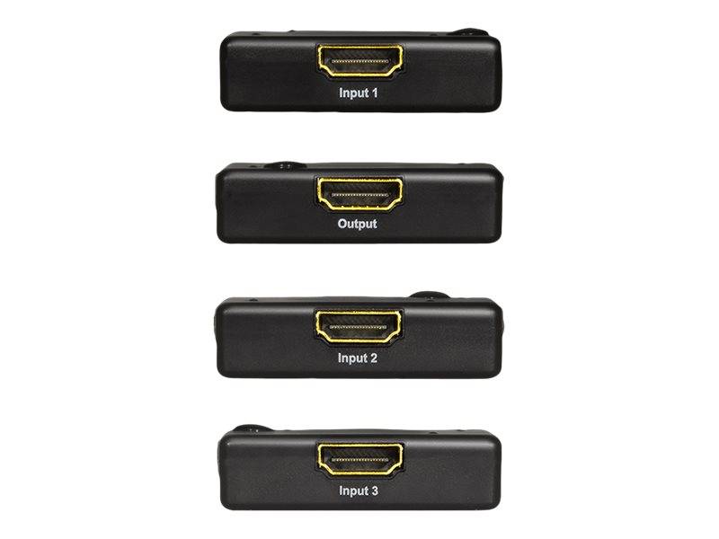 Vier Ansichten einer schwarzen HDMI-Schalter-Anschlussleiste mit den Beschriftungen „Input 1", „Output"", „Input 2"" und „Input 3"".