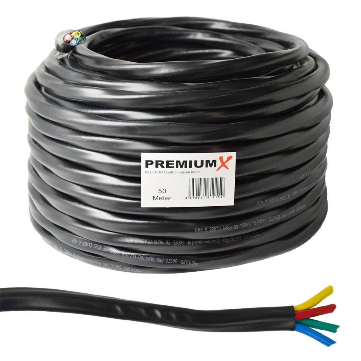 PremiumX 50m Quattro 4x6,8mm Sat Koaxial Kabel Schwarz 90 dB 2-Fach geschirmt ideal für Multischalter Full HD HDTV 3D