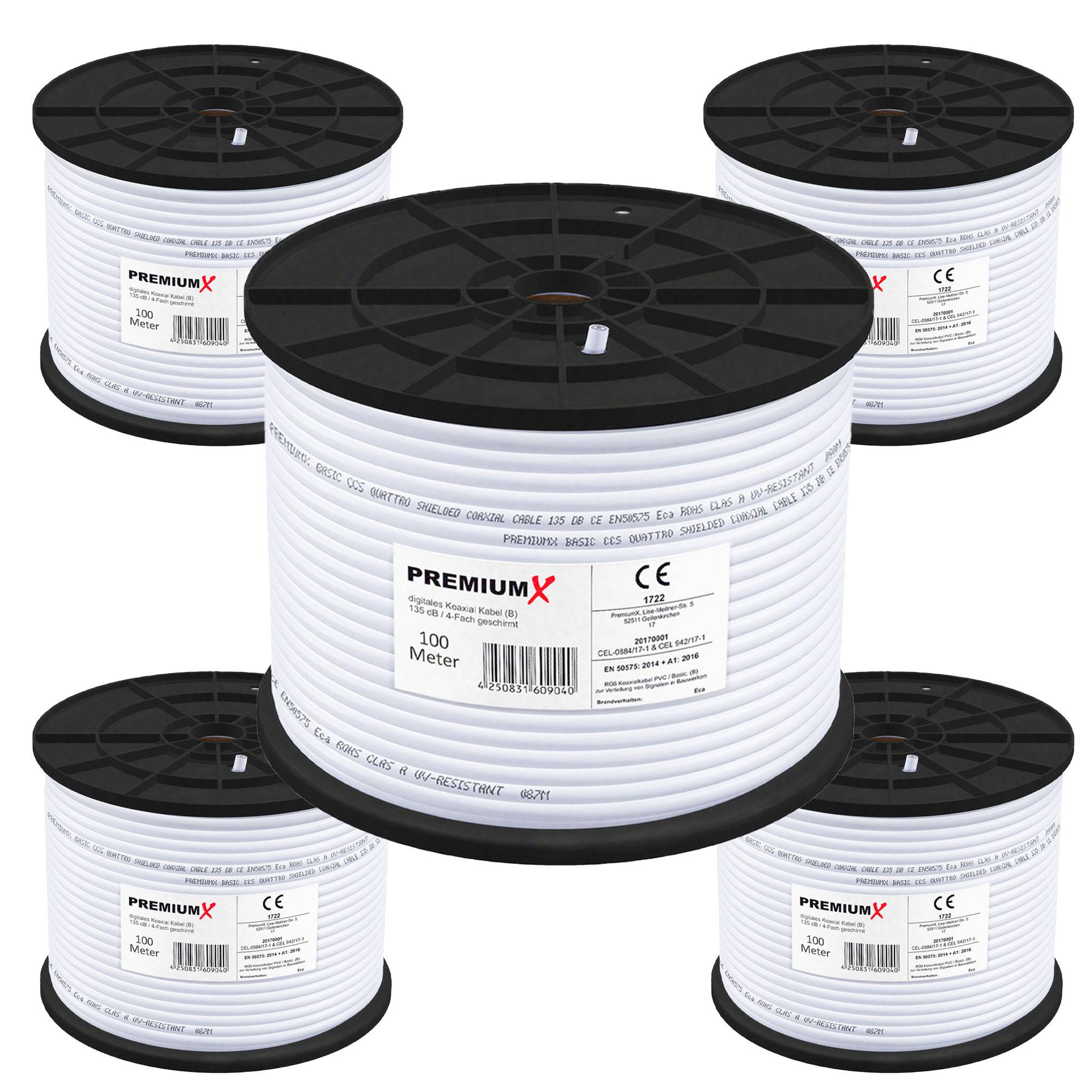 PremiumX 500m 5x 100m Koaxialkabel 135dB 4-fach SAT TV Antennenkabel Satellitenkabel Koax-Kabel RG6 Class A Digital 0,28 €/m