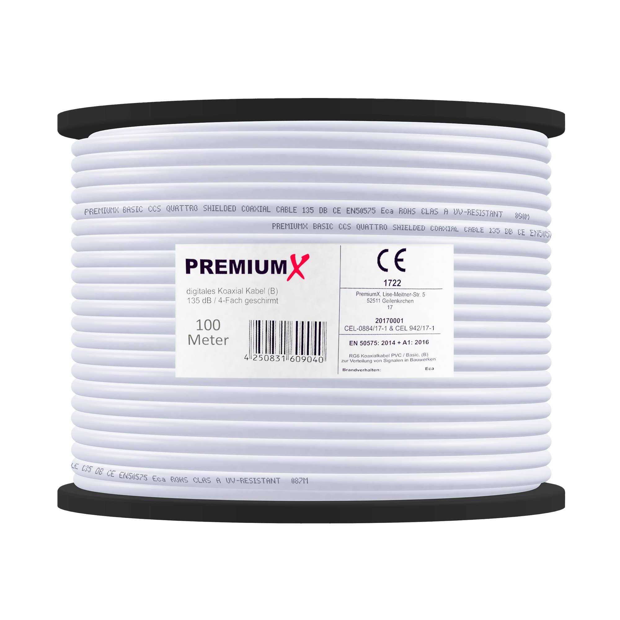 PremiumX 100m BASIC Koaxialkabel 135dB 4-fach SAT Antennenkabel Koax-Kabel RG6 Satellitenkabel 10x F-Stecker Tülle