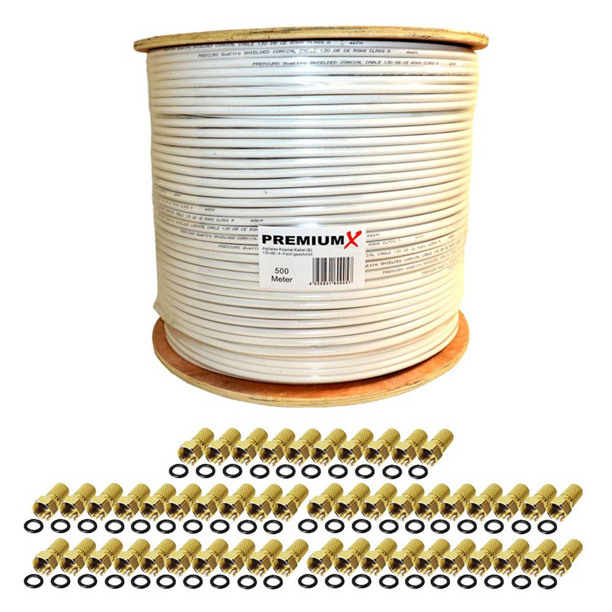 PremiumX 500m BASIC Koaxialkabel 135dB 4-fach SAT Antennenkabel Koaxkabel RG-6 Class A SAT-Kabel 50x F-Stecker 0,24 €/m