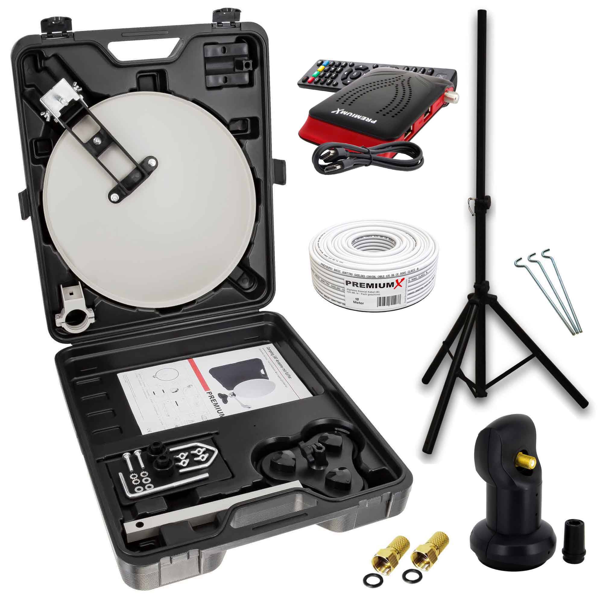 PremiumX Camping SAT Anlage Satellitenschüssel TV Receiver Single LNB 10m Kabel F-Stecker im Koffer Camp Stativ