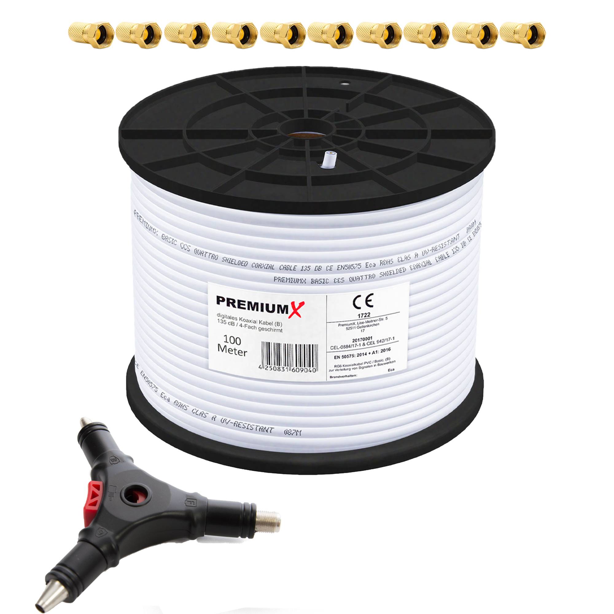 PremiumX 100m BASIC Koaxialkabel 135dB 4-fach SAT Antennenkabel RG6 Satellitenkabel Abisolierer 10x F-Stecker