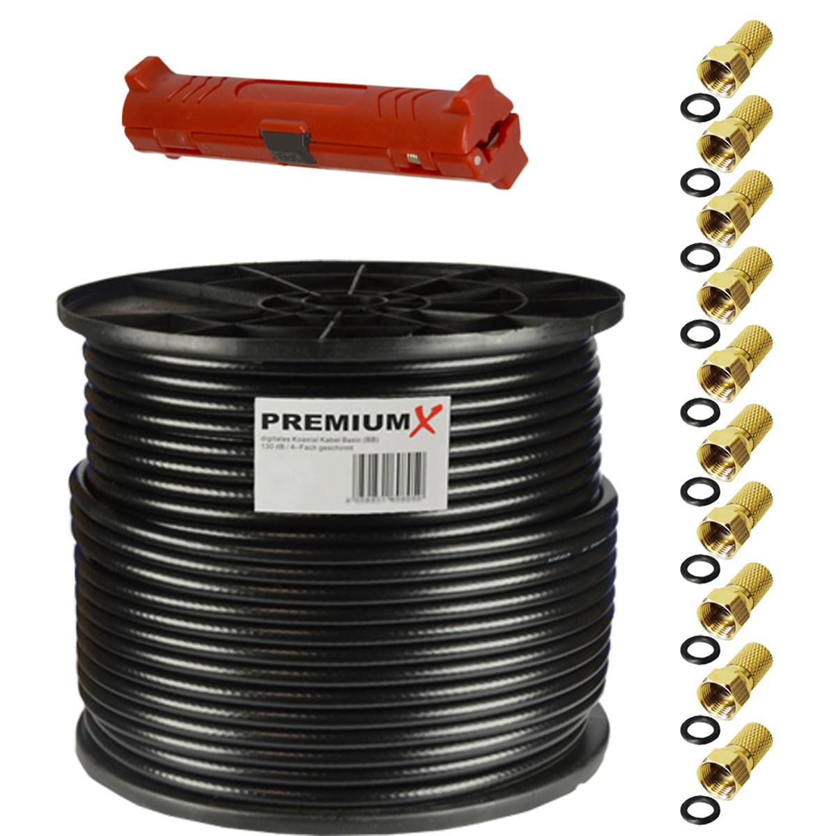 PremiumX 100m BASIC Koaxialkabel schwarz 135dB 4-fach SAT TV Koax-Kabel Antennenkabel Entmanteler 10x F-Stecker 0,36 €/m