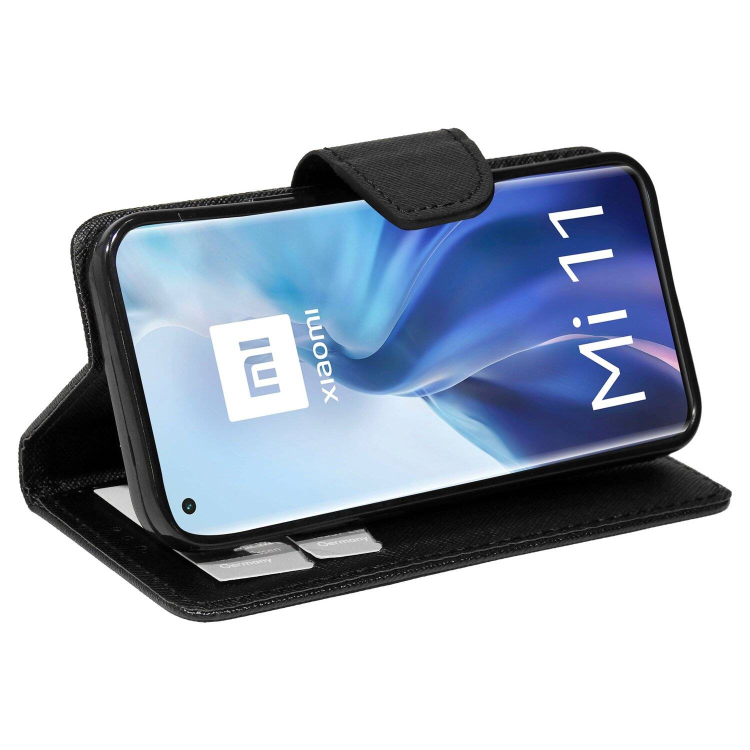Buch Tasche "Fancy" für XIAOMI MI 11 Handy Hülle Brieftasche Schutzhülle mit Standfunktion, Kartenfach Schwarz