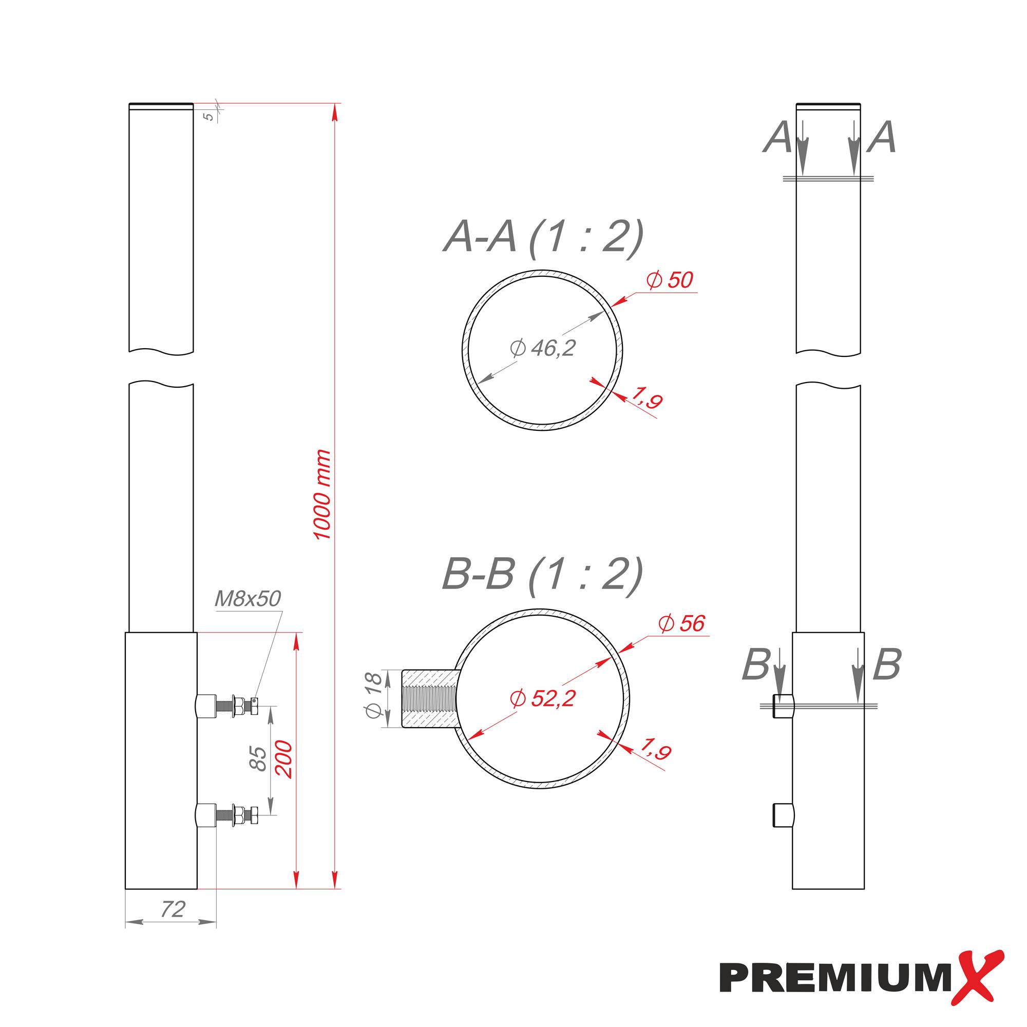 PremiumX Mastverlängerung 100cm Ø 50mm Aluminium Mastaufsatz Antennenmast-Verlängerung Halterung für Satelliten-Schüssel