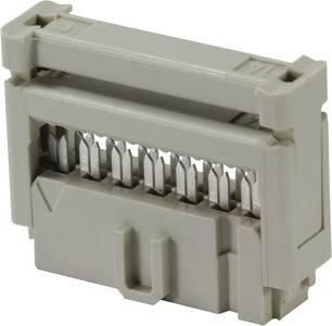 Ein grauer elektrischer Blockverbinder mit Reihen von Metallkontakten, der zum Verbinden von Drähten in elektronischen Schaltkreisen verwendet wird.