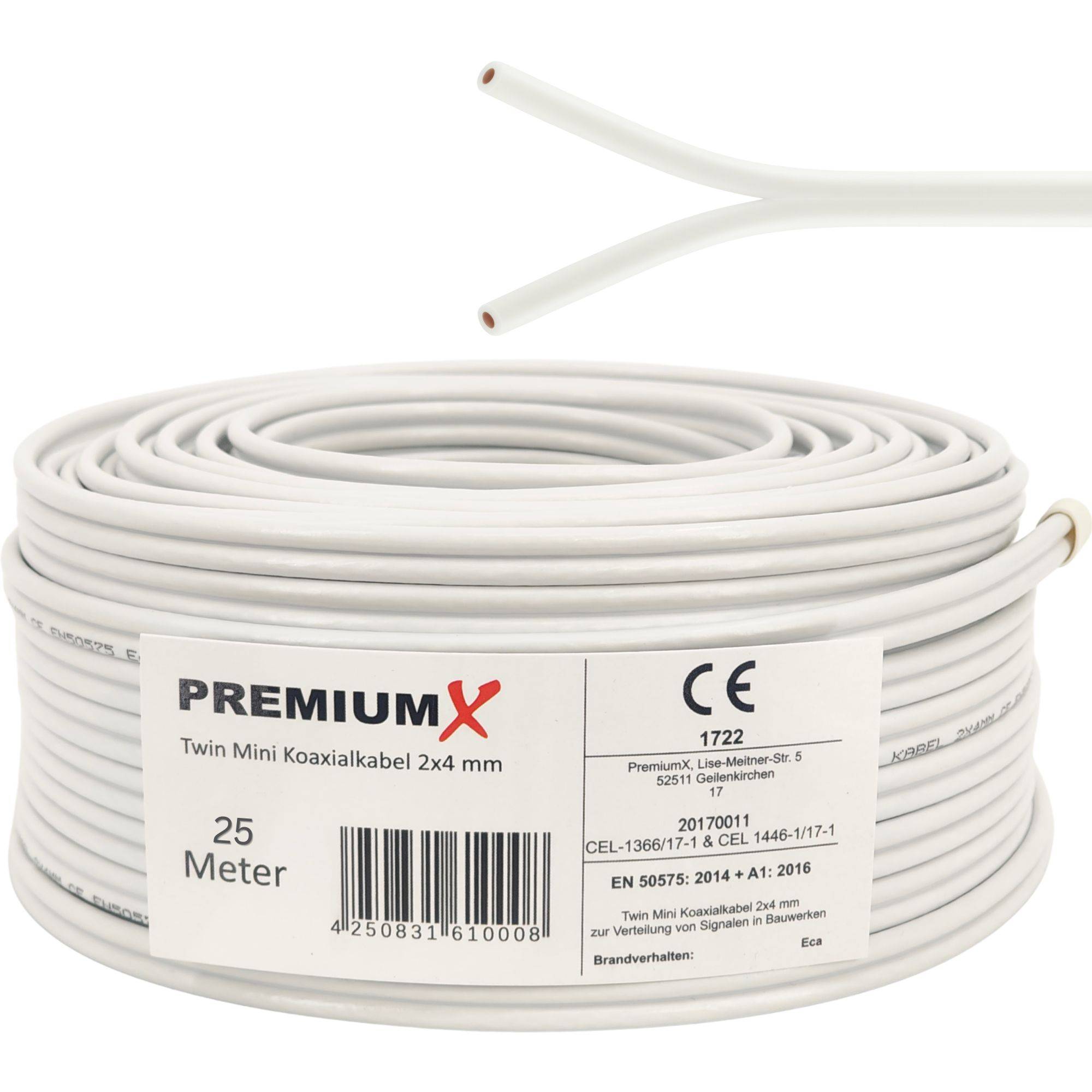 PremiumX 25m Sat Koaxialkabel Twin Mini 2 x 4 mm Weiß – extra dünn & 2-fach geschirmt – platzsparendes TV Antennenkabel für SAT | DVB-T | Twin