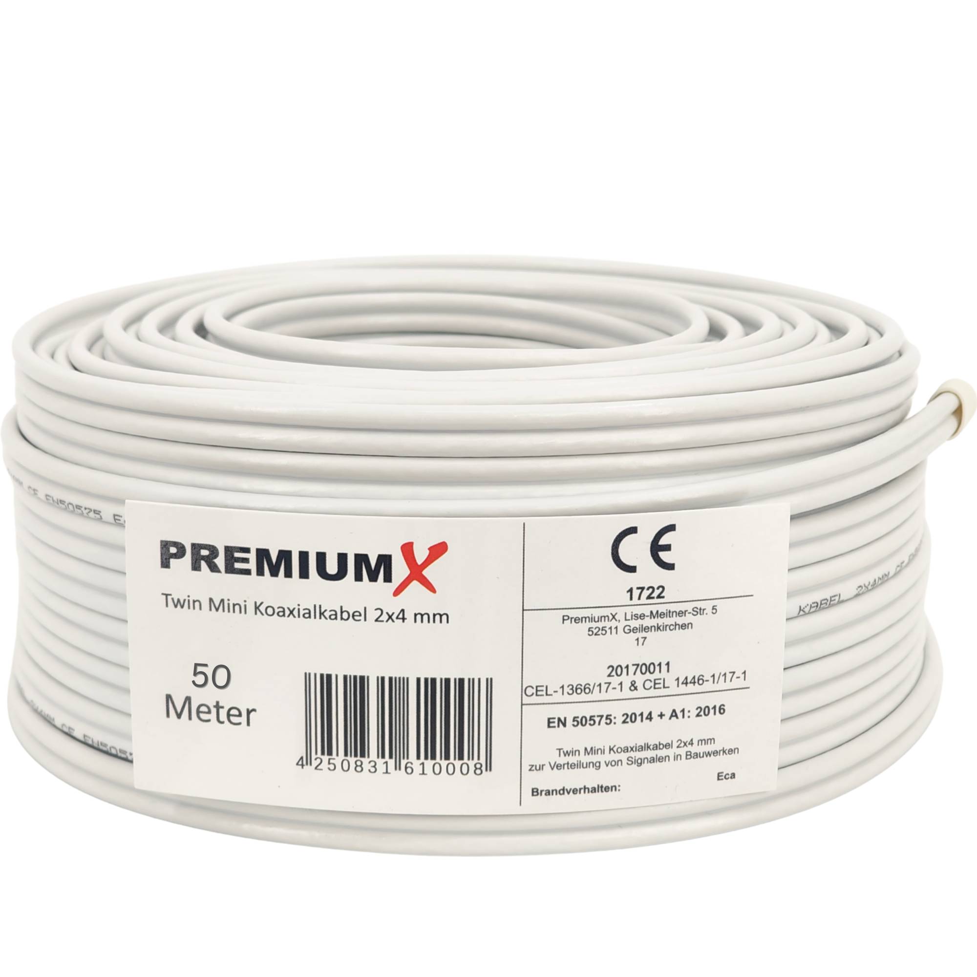 PremiumX 50m Sat Koaxialkabel Twin Mini 2 x 4 mm Weiß – extra dünn & 2-fach geschirmt – platzsparendes TV Antennenkabel für SAT | DVB-T | Twin