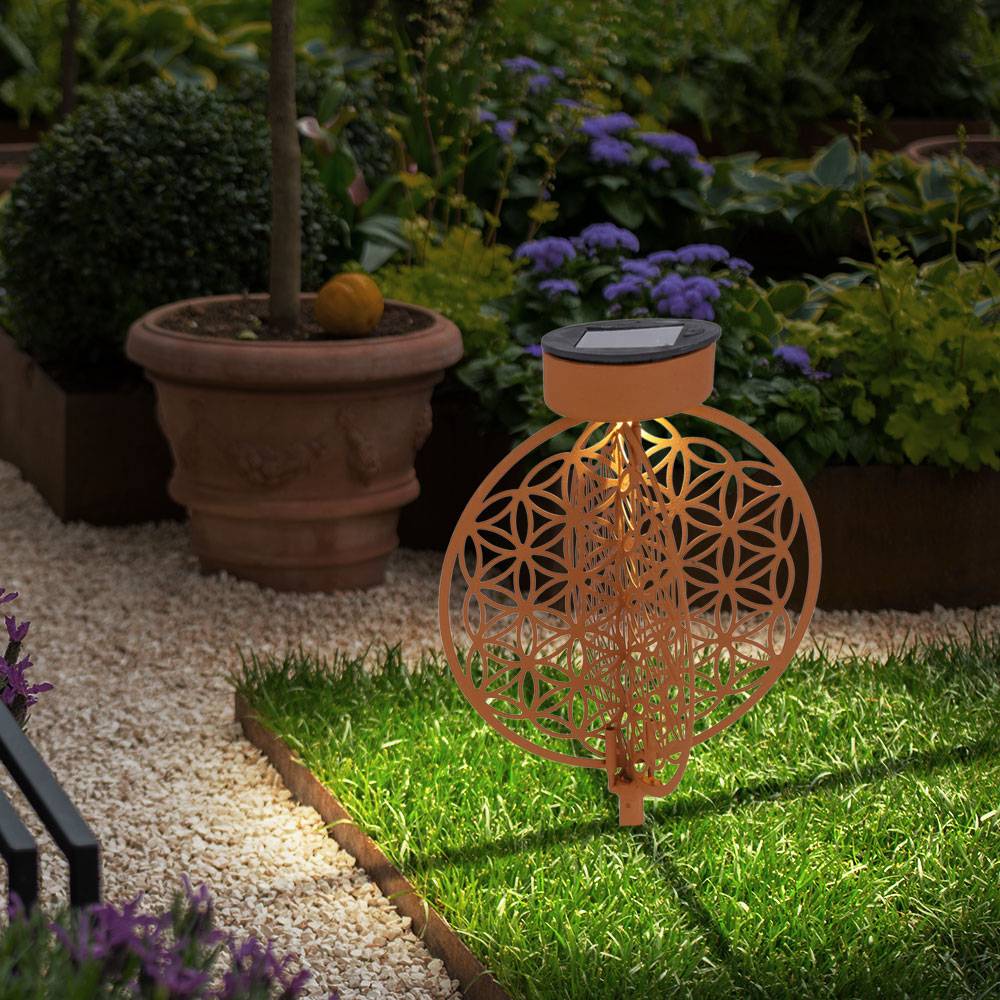 Solarkugel rost für Außen Solarleuchte rost Garten Solarlampe mit Erdspieß, Lichteffekt Muster Lebensblume, 1x LED warmweiß, DxH 20 x 31 cm
