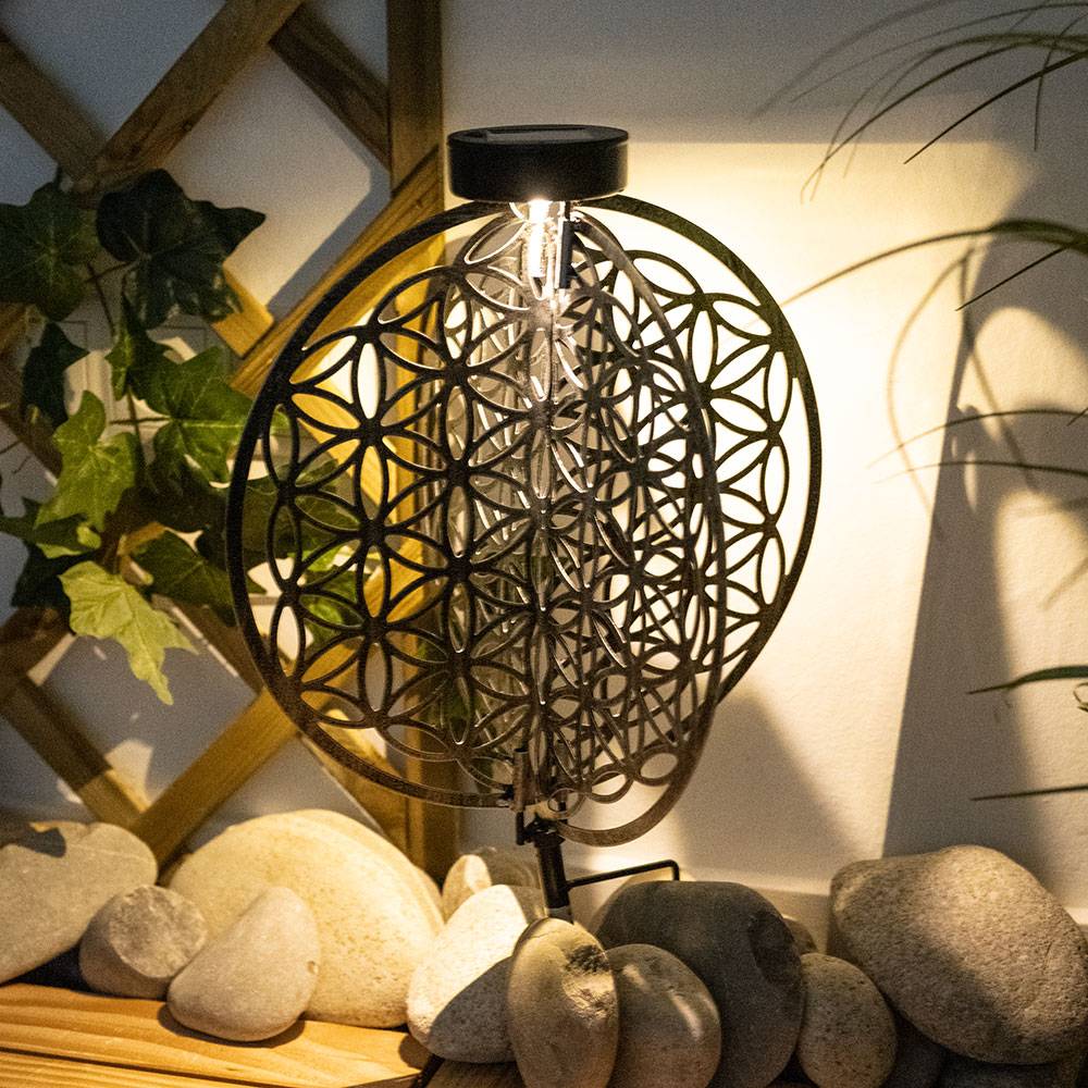 Solar Kugel Antik Gartenlampe Solar orientalisch Solarleuchte Garten silber, Lichteffekt Muster Lebensblume, 1x LED warmweiß, DxH 30 x 41 cm