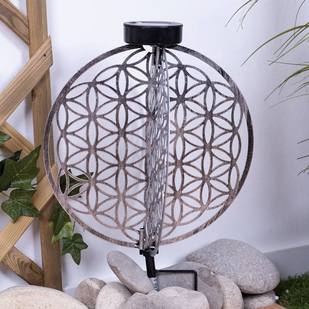 Solar Kugel Antik Gartenlampe Solar orientalisch Solarleuchte Garten silber, Lichteffekt Muster Lebensblume, 1x LED warmweiß, DxH 30 x 41 cm