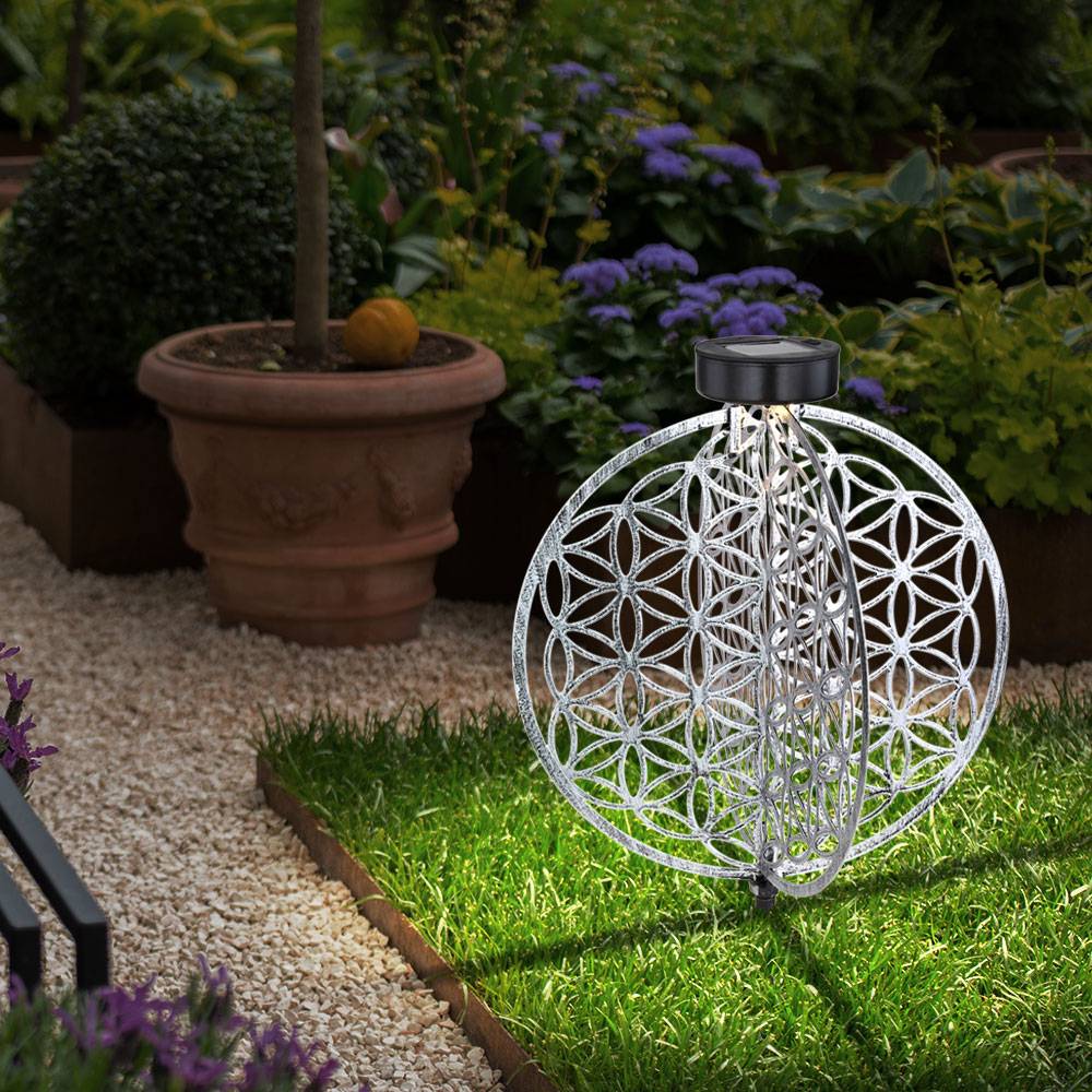Solar Kugel Antik Gartenlampe Solar orientalisch Solarleuchte Garten silber, Lichteffekt Muster Lebensblume, 1x LED warmweiß, DxH 30 x 41 cm
