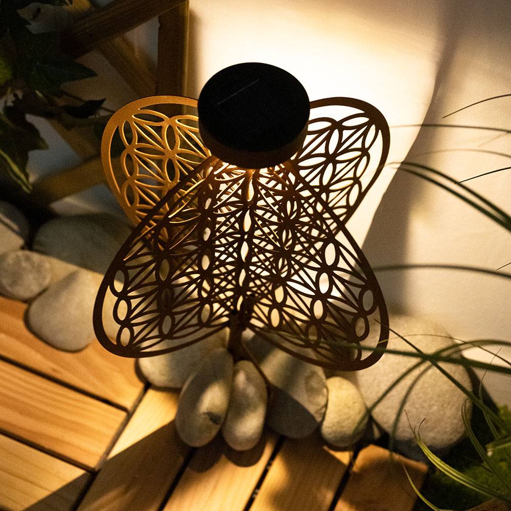 Solarkugel rost für Außen Solarleuchte rost Garten Solarlampe mit Erdspieß, Lichteffekt Muster Lebensblume, 1x LED warmweiß, DxH 20 x 31 cm, 2er