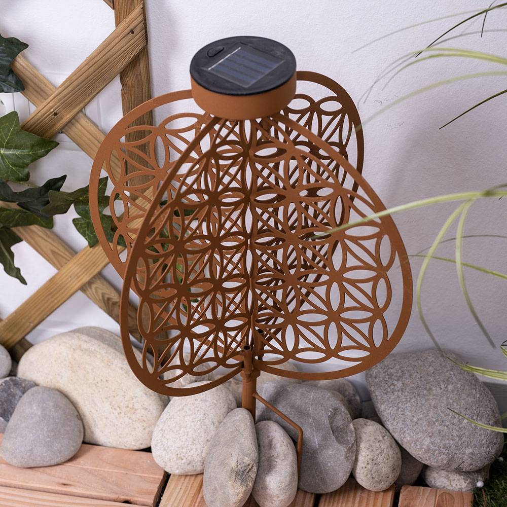 Solarkugel rost für Außen Solarleuchte rost Garten Solarlampe mit Erdspieß, Lichteffekt Muster Lebensblume, 1x LED warmweiß, DxH 20 x 31 cm